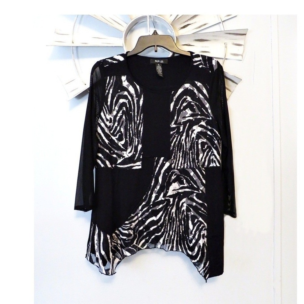Style & Co Petite PL Black Zebra Lace Tunic Sheer Mesh Sleeves Asymmetrical Hem